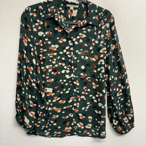 fun 2 fun Button Down Blouse Green Leopard Print‎ Sheer M Long Sleeve